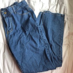 blue jeans w/stitched flames on pockets